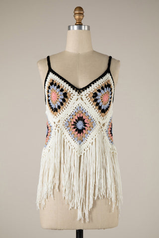 Crochet Diamond Patchwork Fringe Top - Simply Me Boutique