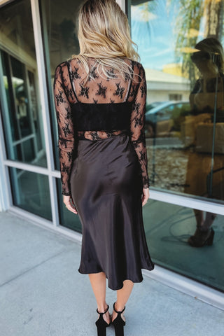 *Deep Connection Black Satin Midi Skirt - Simply Me Boutique