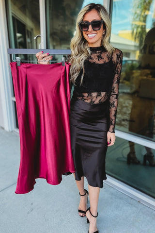 *Deep Connection Wine Satin Midi Skirt - Simply Me Boutique