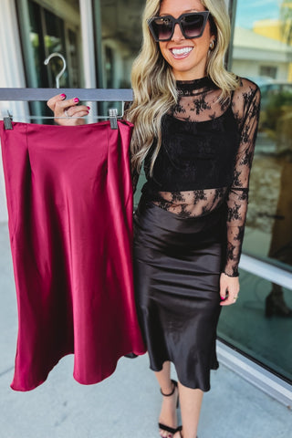 *Deep Connection Wine Satin Midi Skirt - Simply Me Boutique