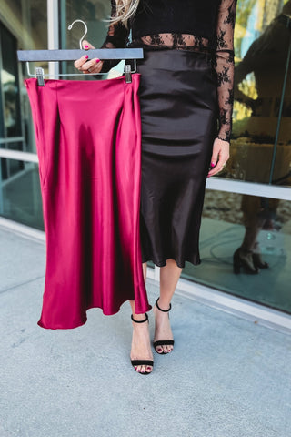 *Deep Connection Wine Satin Midi Skirt - Simply Me Boutique