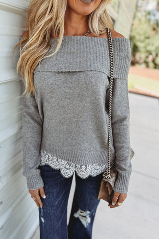 Delicate Details Lace Trim Off Shoulder Sweater (Grey) - Simply Me Boutique