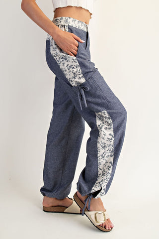 Denim Blossom Pinstripe Pants - Simply Me Boutique