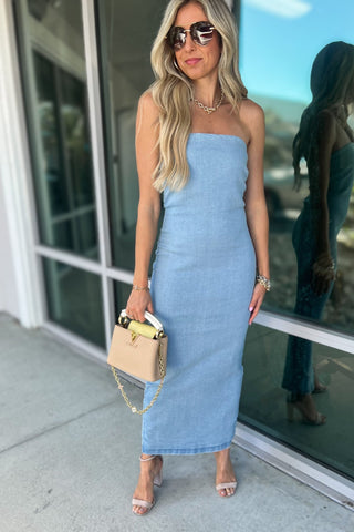 Denim Dreams LIGHT Wash Strapless Dress - Simply Me Boutique