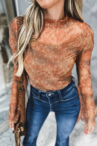 Desert Glow Sheer Mesh Bell Sleeve Mock Neck Top - Simply Me Boutique