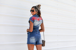 Desert Nights Embroidered Belted Denim Romper (BLUE) - Simply Me Boutique