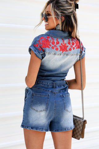 Desert Nights Embroidered Belted Denim Romper (BLUE) - Simply Me Boutique