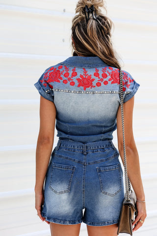 Desert Nights Embroidered Belted Denim Romper (BLUE) - Simply Me Boutique