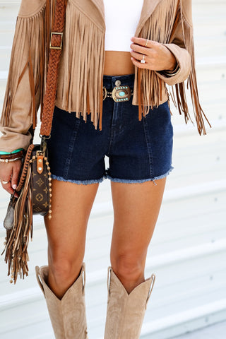 Desperado Dark Wash Denim Stretch Shorts Tan Star Detail - Simply Me Boutique