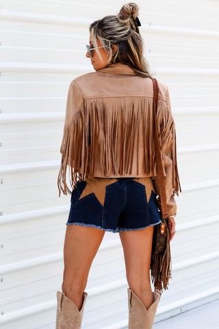 Desperado Dark Wash Denim Stretch Shorts Tan Star Detail - Simply Me Boutique