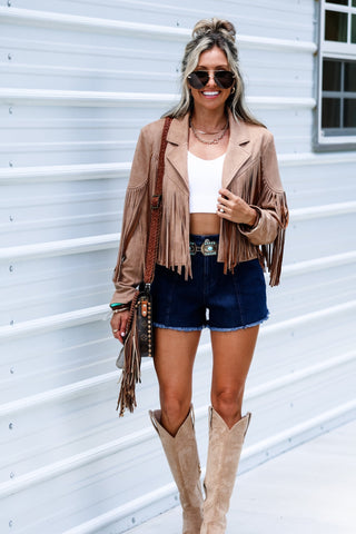 Desperado Dark Wash Denim Stretch Shorts Tan Star Detail - Simply Me Boutique