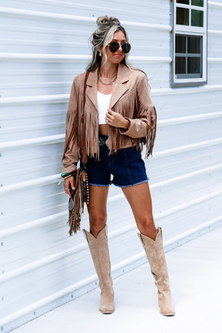 Desperado Dark Wash Denim Stretch Shorts Tan Star Detail - Simply Me Boutique