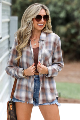 Everyday Neutral Plaid Button Up Top - Simply Me Boutique