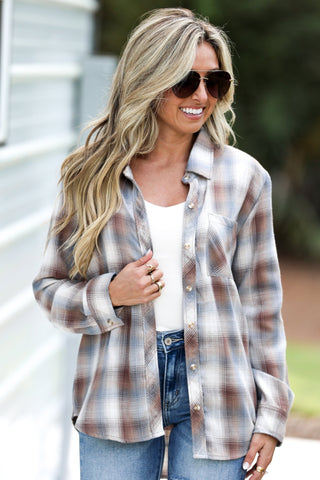 Everyday Neutral Plaid Button Up Top - Simply Me Boutique