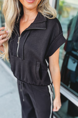 Everyday Sport Stripe Black Zip Pullover Top - Simply Me Boutique