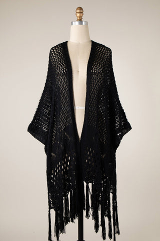 Everyday Wanderer Open Knit Crochet Fringe Cardigan (Black) - Simply Me Boutique