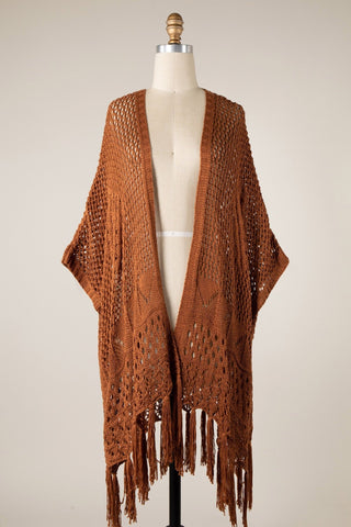 Everyday Wanderer Open Knit Crochet Fringe Cardigan (Rust) - Simply Me Boutique