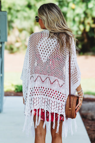 Everyday Wanderer Open Knit Crochet Fringe Cardigan (White) - Simply Me Boutique