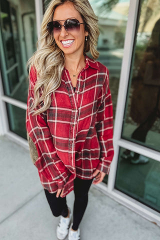 *Fall Chic Plaid Oversized Top w/ Elbow Patches - Simply Me Boutique