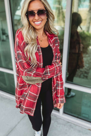 *Fall Chic Plaid Oversized Top w/ Elbow Patches - Simply Me Boutique