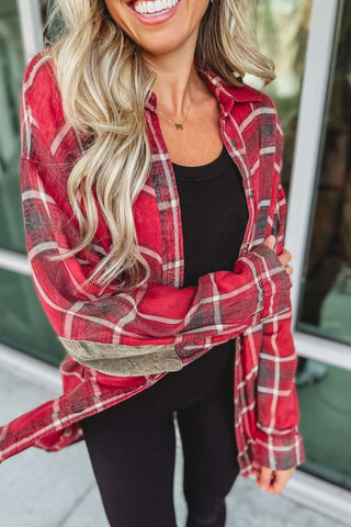 *Fall Chic Plaid Oversized Top w/ Elbow Patches - Simply Me Boutique