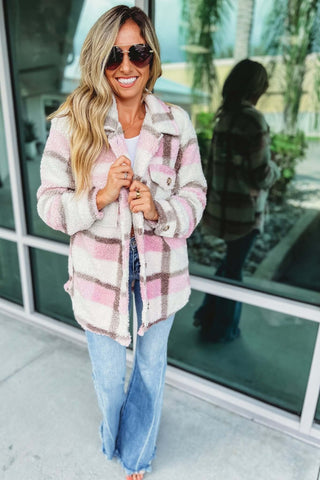 Fluffy Pink Plaid Shacket Jacket - Simply Me Boutique