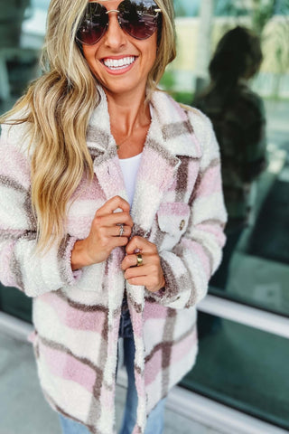 Fluffy Pink Plaid Shacket Jacket - Simply Me Boutique