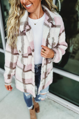 Fluffy Pink Plaid Shacket Jacket - Simply Me Boutique