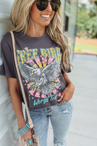 Free Bird World Tour Raw Hem Cropped Graphic Tee (Charcoal) - Simply Me Boutique