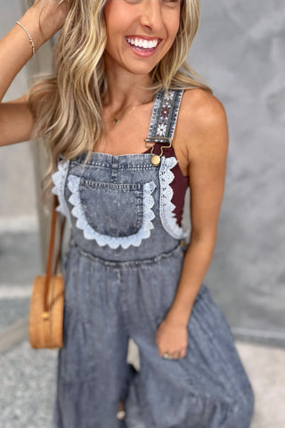 Free Spirit Lace Trim Denim Overalls Jumpsuit - Simply Me Boutique