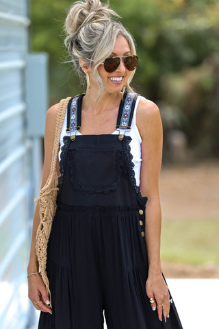 Free Spirit Lace Trim Wide Leg Black Overalls - Simply Me Boutique