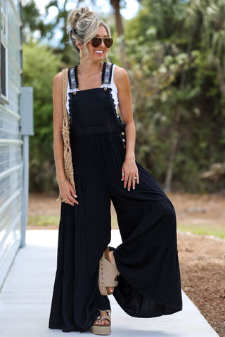 Free Spirit Lace Trim Wide Leg Black Overalls - Simply Me Boutique