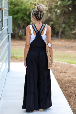 Free Spirit Lace Trim Wide Leg Black Overalls - Simply Me Boutique