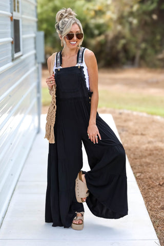 Free Spirit Lace Trim Wide Leg Black Overalls - Simply Me Boutique