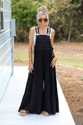 Free Spirit Lace Trim Wide Leg Black Overalls - Simply Me Boutique