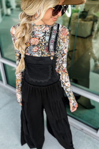 Free Spirit Lace Trim Wide Leg Overalls (Black) - Simply Me Boutique