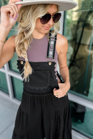 Free Spirit Lace Trim Wide Leg Overalls (Black) - Simply Me Boutique