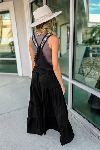 Free Spirit Lace Trim Wide Leg Overalls (Black) - Simply Me Boutique