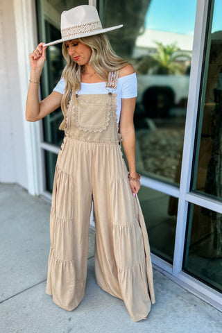 Free Spirit Lace Trim Wide Leg Overalls (Coco) - Simply Me Boutique