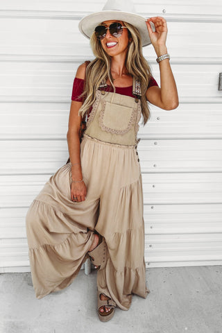 Free Spirit Lace Trim Wide Leg Overalls Coco - Simply Me Boutique