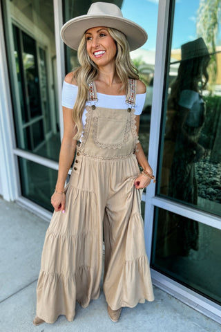 Free Spirit Lace Trim Wide Leg Overalls (Coco) - Simply Me Boutique