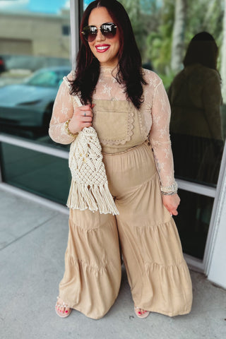 Free Spirit Lace Trim Wide Leg Overalls (Coco) - Simply Me Boutique