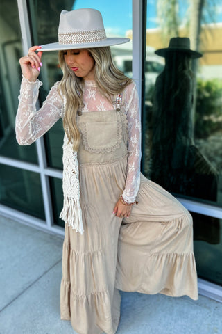 Free Spirit Lace Trim Wide Leg Overalls (Coco) - Simply Me Boutique