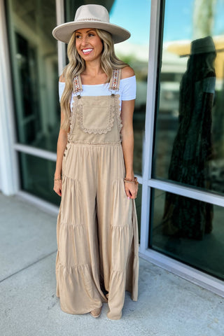 Free Spirit Lace Trim Wide Leg Overalls (Coco) - Simply Me Boutique