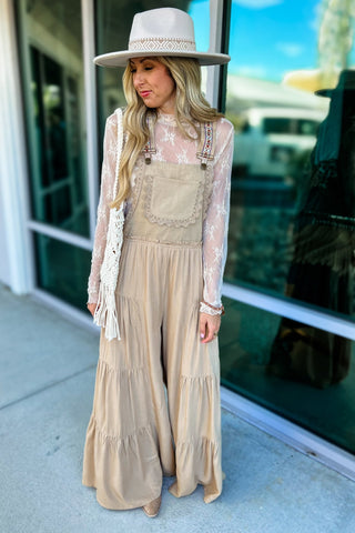 Free Spirit Lace Trim Wide Leg Overalls (Coco) - Simply Me Boutique