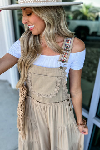 Free Spirit Lace Trim Wide Leg Overalls (Coco) - Simply Me Boutique