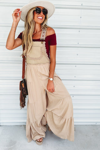 Free Spirit Lace Trim Wide Leg Overalls Coco - Simply Me Boutique