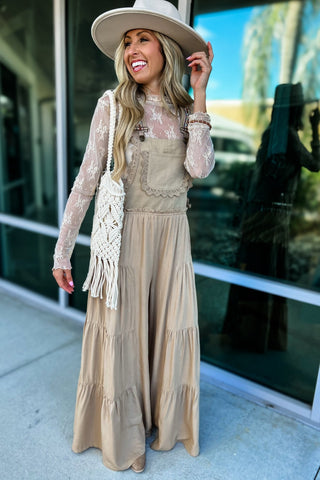 Free Spirit Lace Trim Wide Leg Overalls (Coco) - Simply Me Boutique