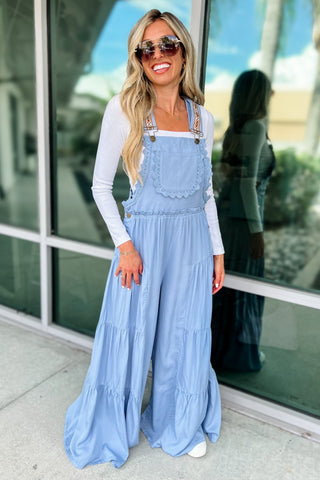 Free Spirit Lace Trim Wide Leg Overalls LIGHT BLUE - Simply Me Boutique