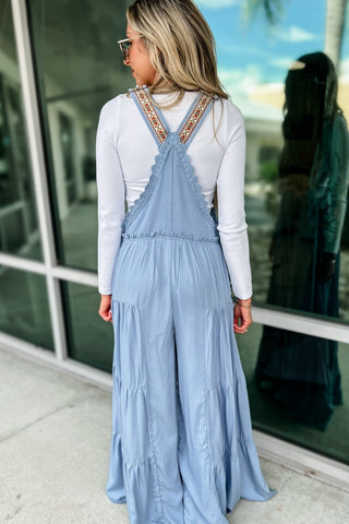 Free Spirit Lace Trim Wide Leg Overalls LIGHT BLUE - Simply Me Boutique